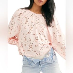 Free People Olivia Balloon Sleeve Lace Blouse Pink Medium NWT OB1037937